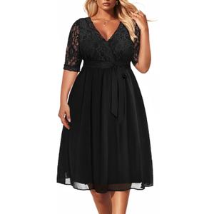 Pinup Fashion Plus Size Lace Chiffon Wrap V Neck Dresses Women Cocktail Wedding Guest Midi Dress (Black), 14Plus