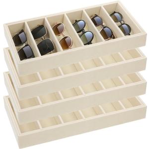 JJUNW 4 Pcs Velvet Sunglasses Organizer Tray, 6 Grids Beige Sunglass Organizer Velvet Tray Stackable Jewelry Display Organizers for Glasses Jewelry Watch Display