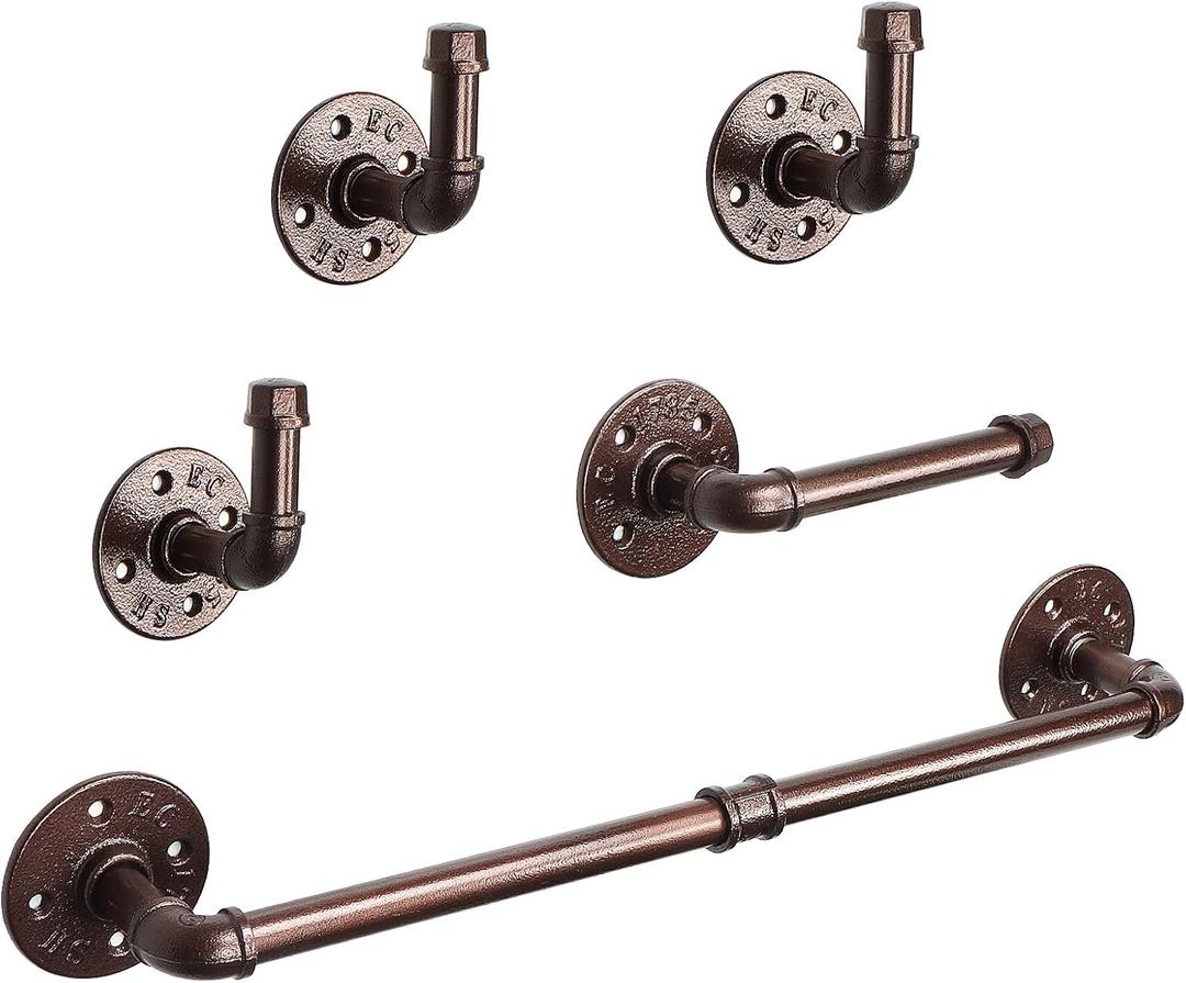 NearMoon 5-Pieces Industrial Pipe Bathroom Hardware Set, Include 18 Inch Towel Bar, Toilet Paper Holder and 3 Robe Hooks, Heavy Duty DIY Style Wall Mounted Rustic Decor Accessories Kit (Bronze)
