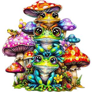 Jigfoxy Wooden Puzzle for Adults, Frog Family Wooden Jigsaw Puzzles for Adults, Unique Animal Shape Wood Cut Puzzles, Christmas Thanksgiving Gifts for Family Friend Puzzle Lovers(S-8.4*8.1in-100pcs)