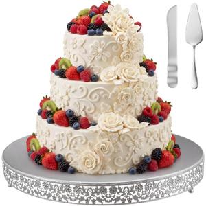 Wenqik 20 Inch Silver Cake Stand Set Metal Round Cupcake Dessert Stand with Cake Cutting, Flower Spatula Wedding Cupcake Pastry Display Candy Holder Display for Wedding Party Birthday Baby Shower