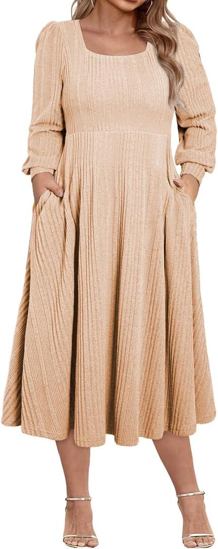 Eytino Womens Plus Size Dress Square Neck Long Sleeve Midi Sweater Dresses with Pockets(1X-5X) (Khaki)