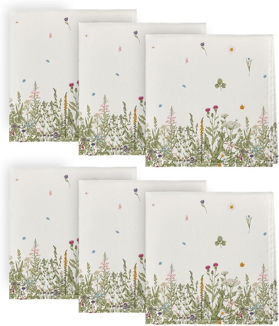 Horaldaily Spring Summer Cloth Napkins 18 x 18 Inch, Wild Flowers Floral Party Dinner Decoration Washable Napkins Set of 6 (Beige)
