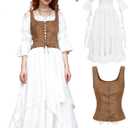 kasahara Womens Renaissance Costume Set Medieval White Dress Lace-Up Vest & Vintage Necklace for Medieval Events (2XL/3XL, Brown)