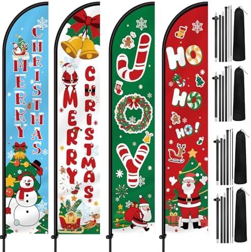 Remagr 4 Pcs Christmas Feather Flag Set 12 ft Tall Merry Christmas Ho Ho Joy Banner Sign with Poles and Ground Spike for Xmas Holiday Decorations Outdoor Garden Shop Business Promotion