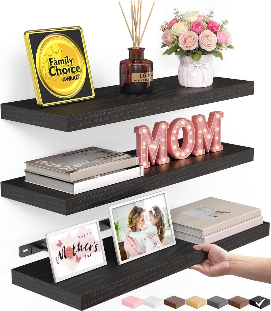 BAYKA Floating Shelves for Wall, Wall Mounted Rustic Wood Shelves for Bathroom, Bedroom, Living Room, Kitchen, Hanging Shelf for Books/Storage/Room Decor with 22lbs Capacity (Black, Set of 3, 15.7in) (A. Black - Universal Classic Style)