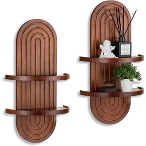 Mid Century Wall Shelves with Ledge: 22inch Large 2-Tier Walnut Boho Floating Shelves Arched Modern Wall Decor for Bathroom Bedroom Living Room Entryway