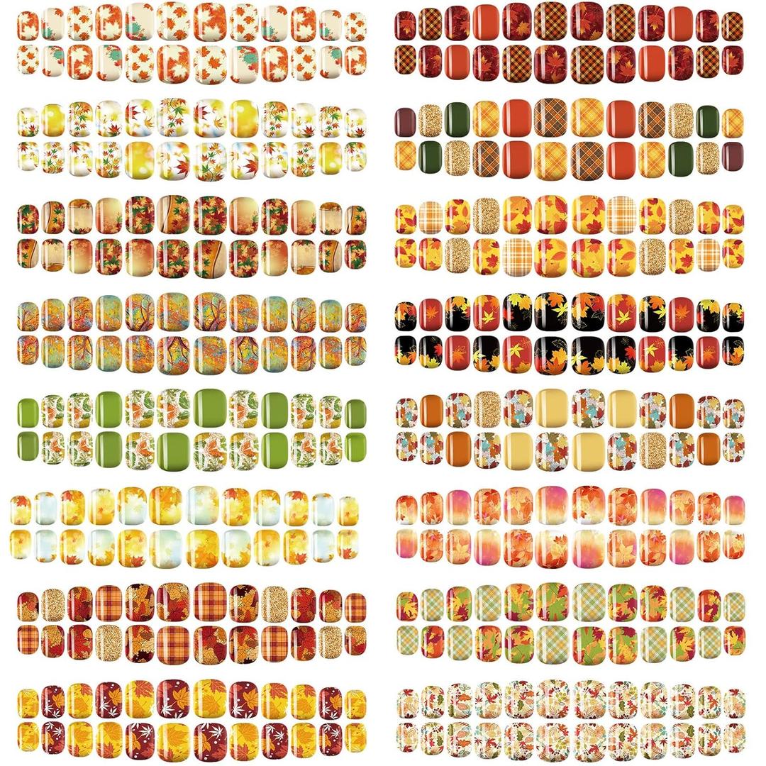 384 Pcs 16 Pack Fall Thanksgiving Press on Nails Autumn Short Fake Nails Square False Nails Artificial Nail Tips Full Cover Coffin with Maple Leaf Orange Floral Pattern for Women (Stylish Pattern)