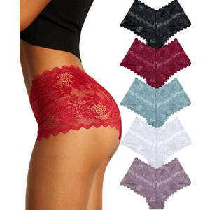 FINETOO Sexy Underwear for Women V-Waist Shorts Women' s Underwear Lightweight Soft Lace High Waist Panties 5 Pack (Large)