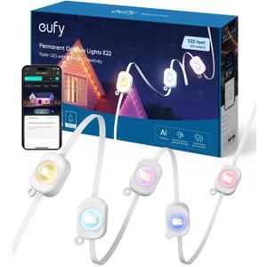 eufy Permanent Outdoor Lights E22, 100ft with 60 Triple-LED Lights, Smart RGBWW for Christmas, Daily and Holiday, Up to IP67 Waterproof, AI Themes for Christmas Decorations, Links with Cameras (White)