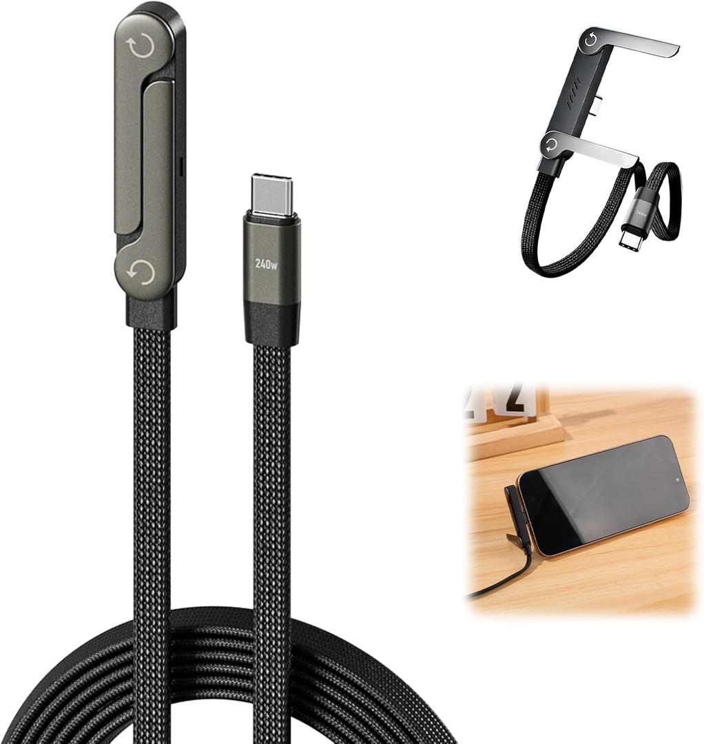 Sideways Charging Cord, 2 in 1 Invisible Holder Charger Cable, 240W Braided Fast Charge Cable with Built-in Phone Stand, Type C for Smartphones Tablets, Foldable Holder Charger Cable