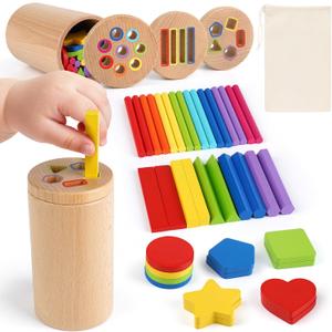 DINORUN Wooden Montessori Toddler Toys - 3 in 1 Sensory Toys for Color Shape Matching, Learning Fine Motor Skills, Educational Toys for Toddlers 1-3, Travel Toys for Boys Girls Gifts