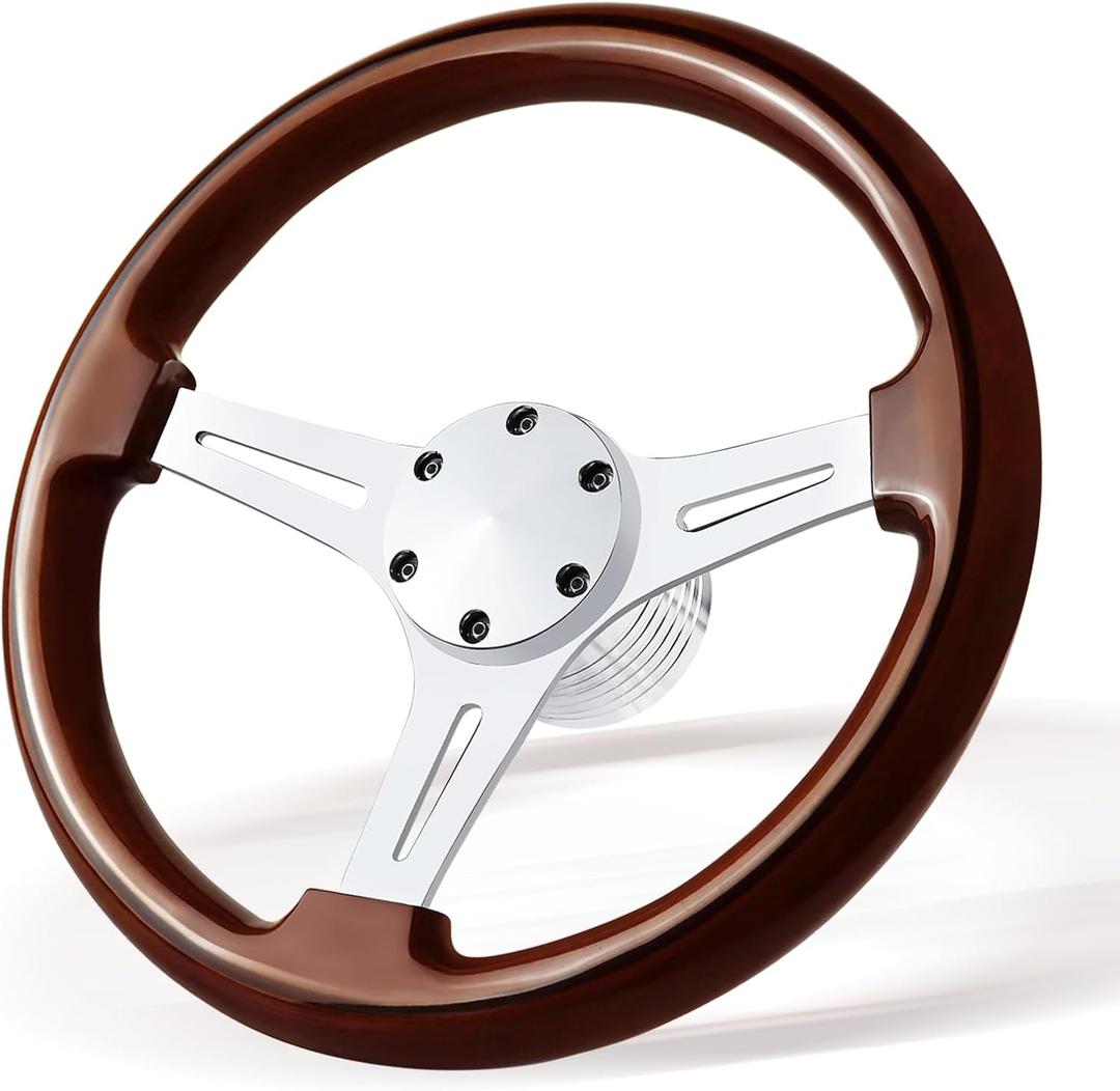 13.8" Boat Steering Wheel with 3/4" Tapered Shaft, 6 bolts Wood Grain Classic Nostalgia Boat Steering Wheel for Seastar and Verad, for Marine Boats, Yacht,Vessels,Pontoon Marine-Mirrored-silver