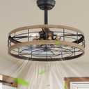 LEDIARY 22 inch Caged Ceiling Fan with Light, Fandelier Industrial Ceiling Fan with Remote, Farmhouse Fan Lights Ceiling Fixtures for Kitchen, Bedroom, Outdoor6 Speed, Timing-Brown