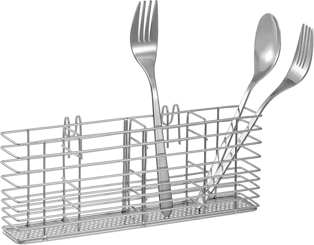 Slideep Stainless Steel Cutlery Utensil Holder Silverware Organizer with Hooks removable Drying Rack Silverware Holder Utensil Cutlery Basket Kitchen Dish Drainer Dish Drying Rack (4 Compartments)