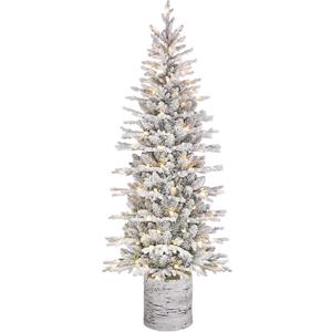 Puleo International 6ft Pre-Lit Potted Flocked Arctic Fir Pencil Christmas Tree with 120 Warm White Lights, 1325 Realistic Dense Snow Flocked Branch Tips, Easy Setup Artificial Trees with Sturdy Stand
