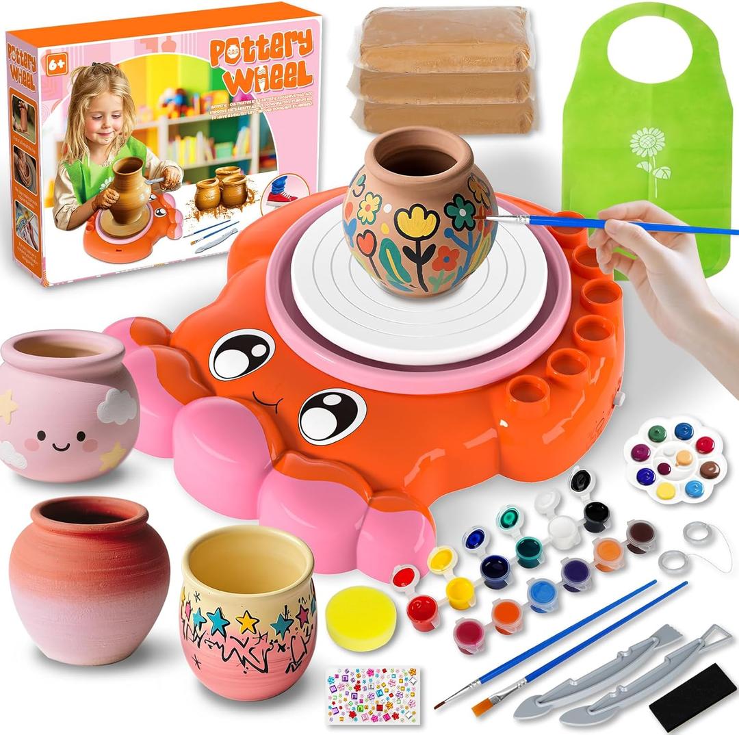 Innofans Pottery Wheel for Kids - Complete Pottery Tools Kit for Beginners, Arts and Crafts for Kids Ages 8-12 with 3 Pack Air Dry Clay, Mini Clay Making Pottery Wheel with Foot Pedal (Octopus) (pink)