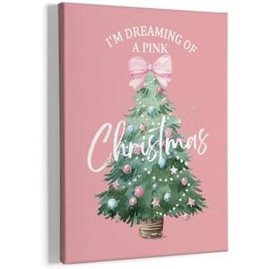 HIWX Pink Bow Christmas Wall Decor - Framed Canvas Painting Wall Art, Pink Christmas Xmas Wall Art Home Decoration For Kids Girls Baby Room Bedroom 11x14