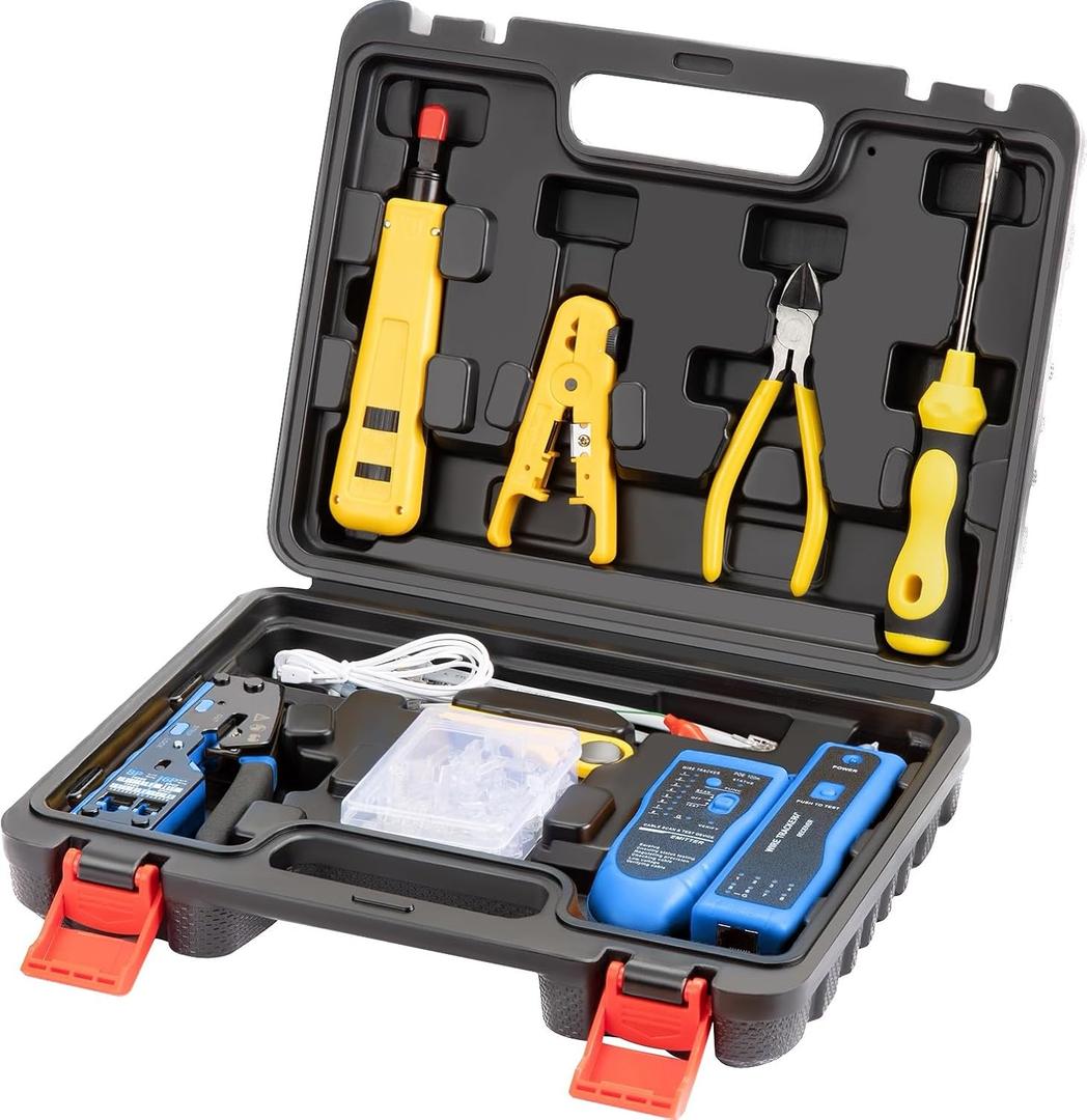 Network Tool kit, Cat6 Cat5e Cat5 Crimping Tool RJ45 Crimp Tool kit, Pass Through rj45 Crimper, Wire Tracker, 110/88 Punchdown Tool, Cat6 Pass Through Connectors