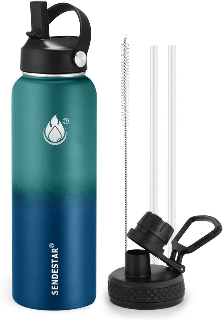 Insulated Water Bottle 32 oz with Straw, Stainless Steel Wide Mouth Water Bottle, Double Wall Vacuum Leak Proof with Straw Lid & Spout Lid for Sports or Office, Keep Cold or Hot Up to 24 Hrs (Green & Blue)