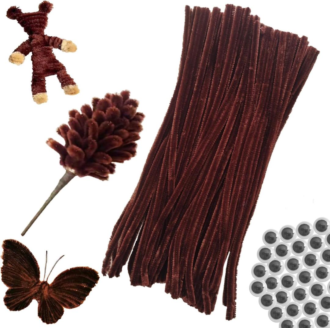 100pcs Brown Pipe Cleaners Chenille Stems for DIY Art & Crafts with Googly Eyes 100pcs (12inch x 6mm)