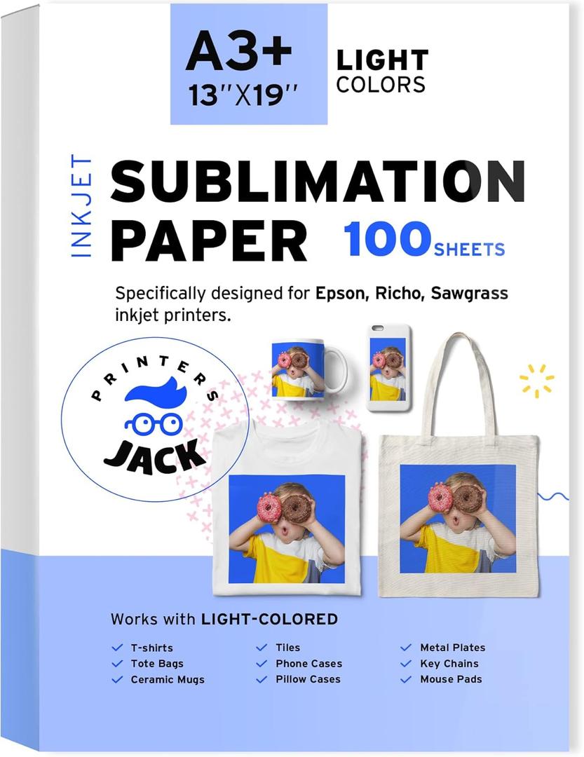 Printers Jack Sublimation Paper 100 Sheets 13" x 19" 120 gsm for Any Epson Sawgrass Inkjet Printer with Sublimation Ink for T-shirt, Ceramic, Mouse Pad, Towel DIY Unique Gifts