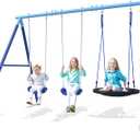 3-in-1 Swing Set for Backyard for Kids 3-8, 550lbs, Heavy Duty Metal A-Frame for Outdoor Playset, Two Blow-Molded Swing Seats and One 32-inch Saucer Swing for Kids Playground (Blue)