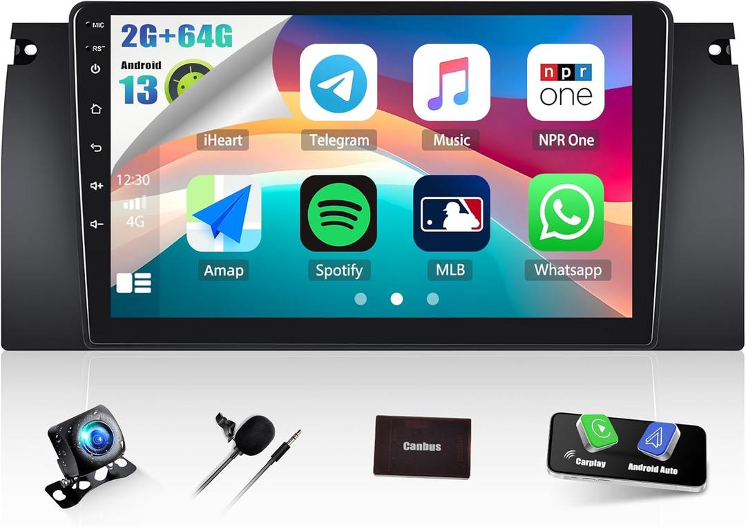 1G+32G Android 13 Car Stereo with Wireless CarPlay Android Auto for BMW 5 Series X5 E39 E53 M5 1996-2006, 9" Touchscreen Radio with Backup Camera GPS Navigation HiFi WiFi Bluetooth FM Audio Receivers