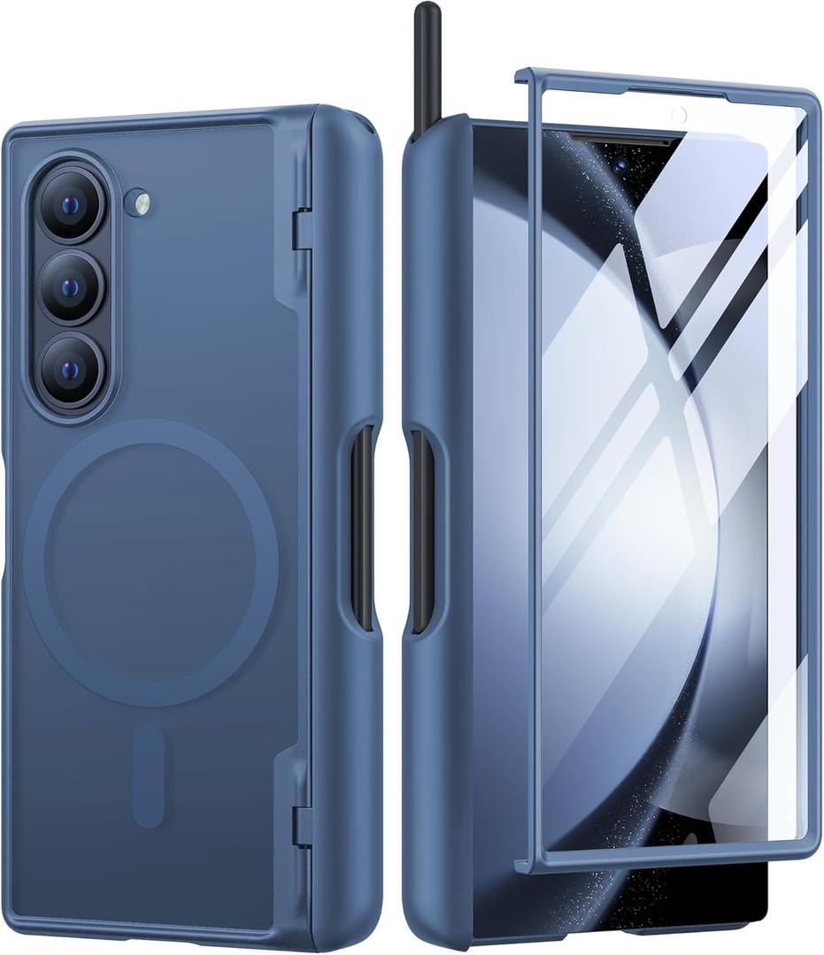 MOBOSI for Magnetic Z Fold 6 Case with S Pen Holder, Compatible with Magsafe, Full Body Shockproof Built-in Hinge Protection & Front Screen Protector Slim Phone Case for Samsung Galaxy Z Fold6, Blue (Samsung Galaxy Z Fold 6 Case (2024 Released), Dark Blue with S Pen Holder)
