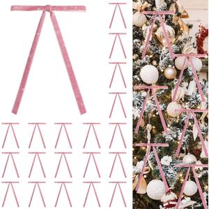 2 x 24 PCS Velvet Bows Christmas Ornaments Decorations, Sparkly Glittery Pink Velvet Bows Ornaments for Christmas Tree, Unique Elegant Xmas Home Holiday Decor for Tree Mantle Wreath Gift Wrap