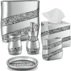 Creative Scents Silver Mosaic Bathroom Accessories Set Complete - 6 Piece Bathroom Set Includes: Bathroom Trash Can, Tissue Cover, Soap Dispenser, Toothbrush Holder, Tumbler & Soap Dish