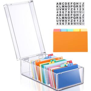 Mooliwe Index Card Holder Clear Acrylic Card Organizer 50 Pcs Divider Sheets for Desk File Note Holders, 4 Compartments Holds 600 Cards(3 x 5 Inch)