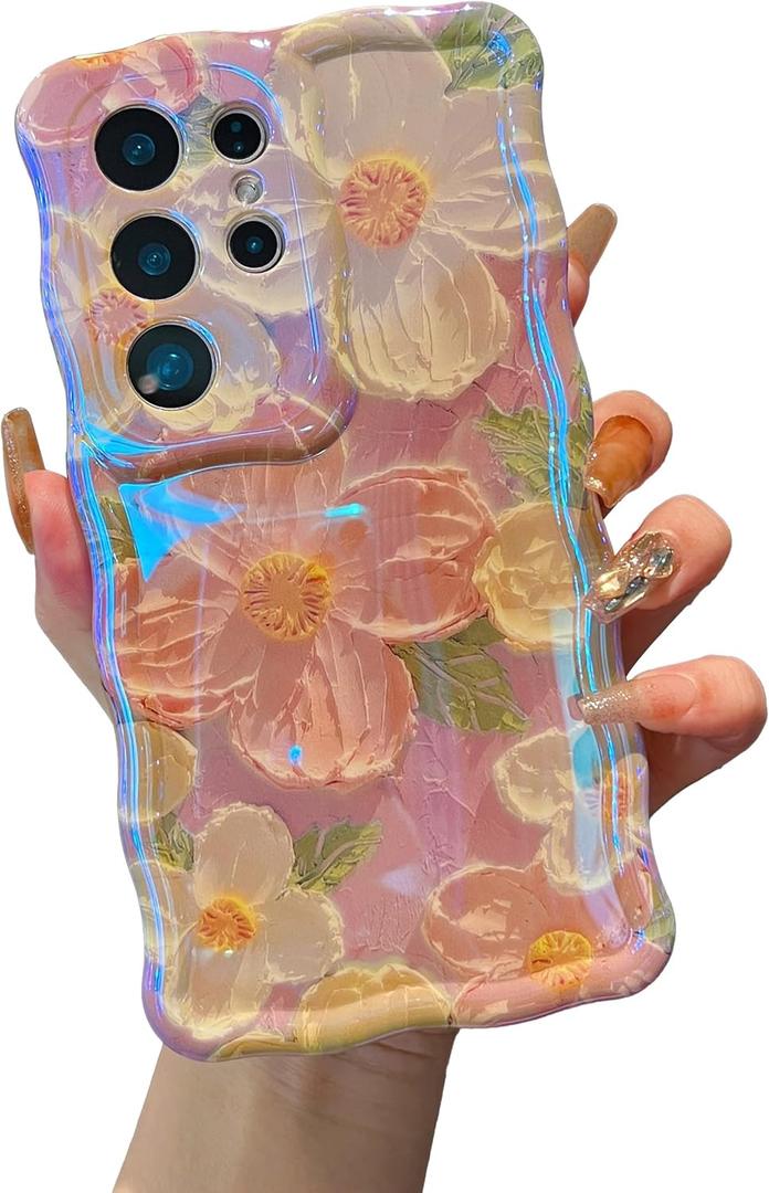 XIZYO Case for Samsung Galaxy S24 Ultra, Colorful Retro Oil Painting Flower Cute Floral Aesthetic Curly Wave Frame Laser Glossy Reflective Exquisite Stylish Cover Girly Women-Pink