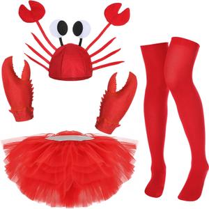 4 Pcs Halloween Crab Costume Set Funny Crab Hat Set Lobster Gloves Adult Red Tutu Skirt Socks for Cosplay Party