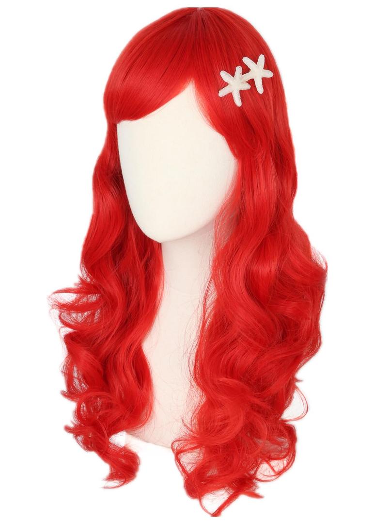 Topcosplay Kids Girls Wig and Starfish Hair Clip Red Long Wavy Princess Wig Halloween Costume Party Wigs
