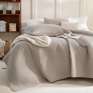 Sanracie Stonewashed Cotton Coverlet Oversized King(128"x120"), Linen Colored Ultra Soft Crinkle Extra Large Wide Oversized Quilt Sets Lightweight Cross Stitch Bedspread Set 3Pcs for All Season