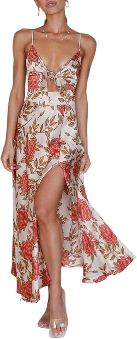 Fashionme Women Spaghetti Strap Midi Satin Dresses Tie Front Backless Slit Cutout Dress Semi-Formal/Casual Flowy Lightweight,  X-Large