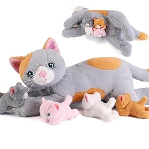 gnomantic 5 Pieces Cat Stuffed Animals with Babies Inside Belly - 1 Mommy Stuffed Cat with 4 Kittens - Stuffed Kitty Plush Toys for Kids Age 3-8, Gifts Ideal for Christmas, Valentine's, Birthday