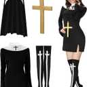 Vabean Halloween Nun Costume Accessories Nun Dress Nun Hat Stockings Gold Cross Pendant Necklace for Women Halloween Cosplay (Large)