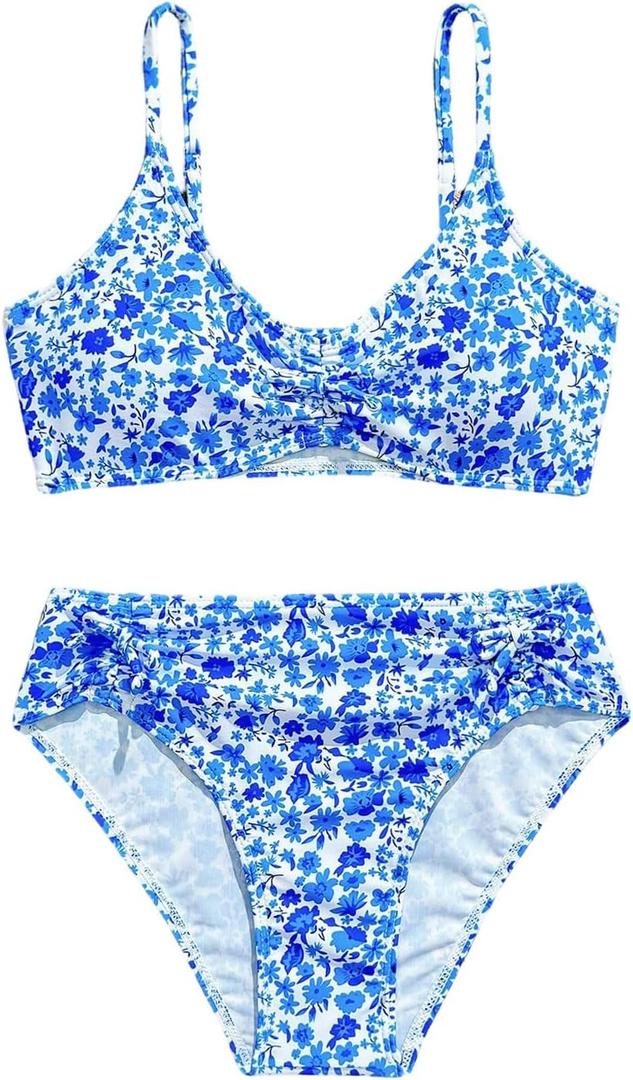 Girl's Ditsy Floral Bathing Suits 2 Piece Ruched Wireless Boho Bikini Swimsuits Summer Beachwear (Blue)