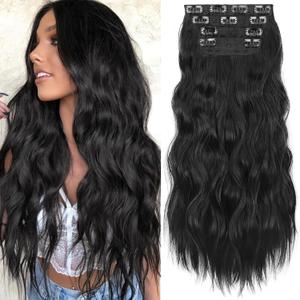 KooKaStyle Clip in Synthetic Hair Extensions Long Wavy 4PCS Thick Hairpieces Black Fiber Double Weft Natural Hair Extensions 24 Inch for Women