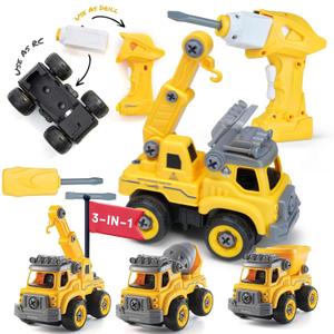 Top Race 3-in-1 Construction Toys - Easy Assembly Take Apart Construction Trucks with Remote Control and Drill - 3 Building Models for Kids Ages 3 and Up - Ideal for Indoor and Outdoor Play