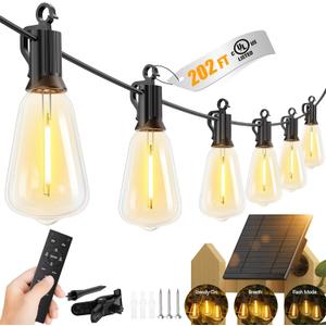 Brightown 202FT Solar String Lights Outdoor Waterproof with Remote, 65+2 LED Shatterproof Bulbs, Dimmable & Timable, 3 Light Modes - Commercial Grade Patio Lights for Garden Backyard Party Decor