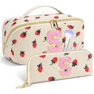 Personalized Travel Makeup Bag Set,Initial Travel Cute Strawberry Makeup Organizer Bag,Toiletry Skincare Cosmetic Bag Gifts for Women/Girls,Open Flat Toiletry Pouch with Brush Pocket-Strawberry S