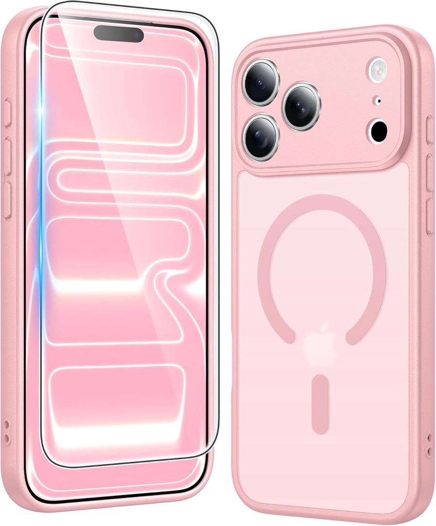 FNTCASE for iPhone 17 Pro-Max Case: Matte Magnetic Phone Cases with Screen Protector Compatible with Magsafe Slim Anti Yellowing Rugged Shockproof Protective Translucent Cell Phone Cover (C-Pink)
