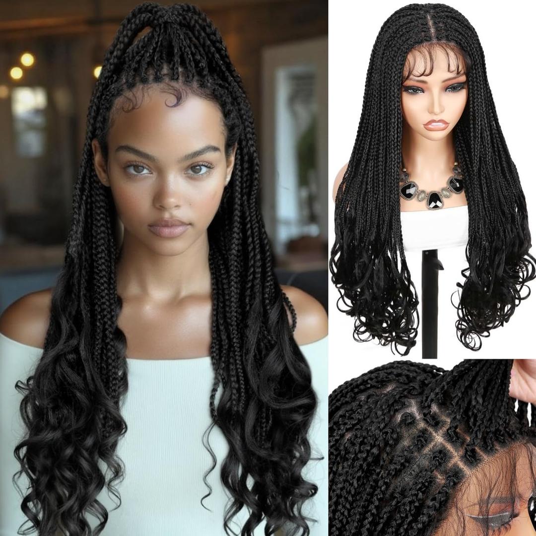 WIGER French Curl Braid Wigs 28 Inches Full Lace Goddess Braid Wig with Curly Ends Natural Black Handmade Synthetic Hair Lace Frontal Wig for African American Women