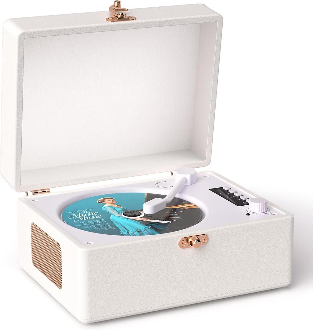 Retro CD Player with Bluetooth for Home Portable CD Player with Built-in Rechargeable Battery,Compact Desktop Design,USB,AUX,Headphone Jack,Vintage Music Player,No Remote Control(White)
