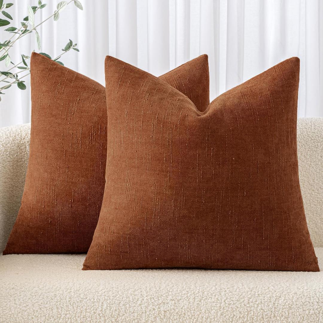 MIULEE Pack of 2 Decorative Throw Pillow Covers Soft Chenille Throw Pillows Solid Textured Euro Cushion Covers for Couch Sofa Bedroom Living Room 22x22 Inch, Dark Rust