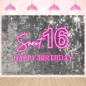 InMemory Shiny Pink Neon Sweet 16 Backdrop Silver Sequins Flash Shimmer Wall Girls Sixteen Party Decoration Banner Happy 16th Birthday Photography Background 6x4ft