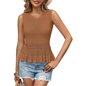 Saodimallsu Womens Crochet Crop Tank Tops Sleeveless Crew Neck Ruffle Summer Boho Knit Sweater Vest, XL